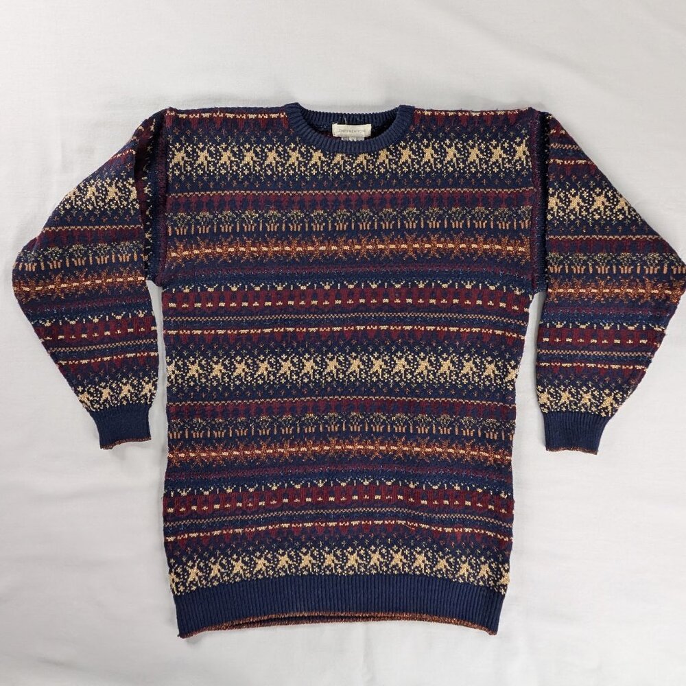 VTG Blue Maroon Gold Metallic Chunky Knit Fair Isle Stars Wool Long Knit Sweater
